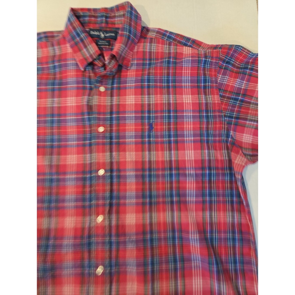 Ralph‎ Lauren Shirt Men's Large Red Plaid Short Sleeve Cotton Button Down